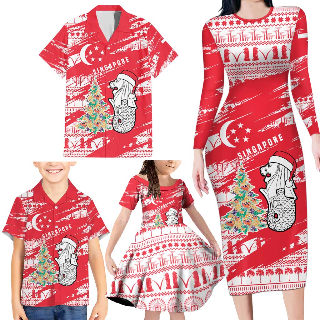 Singapore Christmas Family Matching Long Sleeve Bodycon Dress and Hawaiian Shirt with Merlion Santa Hat Batik Christmas Tree and City Skyline Design - Wonder Print Shop