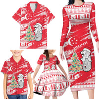 Singapore Christmas Family Matching Long Sleeve Bodycon Dress and Hawaiian Shirt with Merlion Santa Hat Batik Christmas Tree and City Skyline Design - Wonder Print Shop