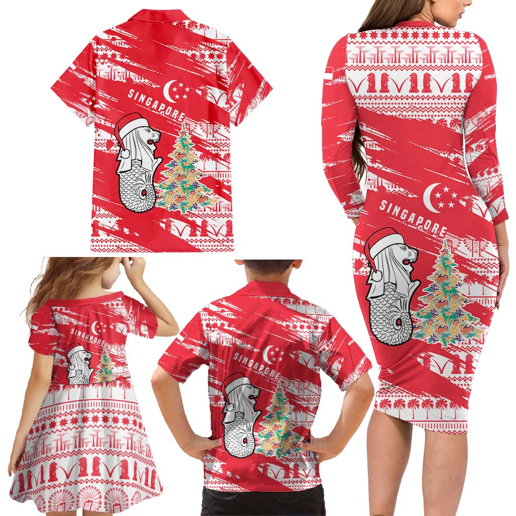 Singapore Christmas Family Matching Long Sleeve Bodycon Dress and Hawaiian Shirt with Merlion Santa Hat Batik Christmas Tree and City Skyline Design - Wonder Print Shop