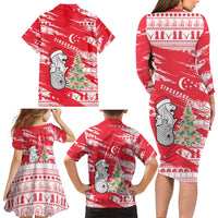 Singapore Christmas Family Matching Long Sleeve Bodycon Dress and Hawaiian Shirt with Merlion Santa Hat Batik Christmas Tree and City Skyline Design - Wonder Print Shop