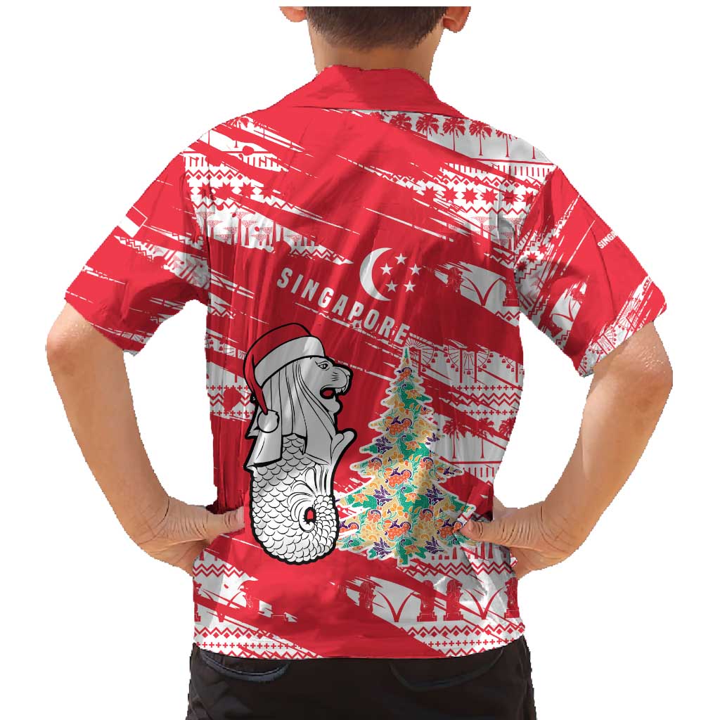 Singapore Christmas Family Matching Mermaid Dress and Hawaiian Shirt with Merlion Santa Hat Batik Christmas Tree and City Skyline Design - Wonder Print Shop
