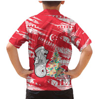 Singapore Christmas Family Matching Mermaid Dress and Hawaiian Shirt with Merlion Santa Hat Batik Christmas Tree and City Skyline Design - Wonder Print Shop