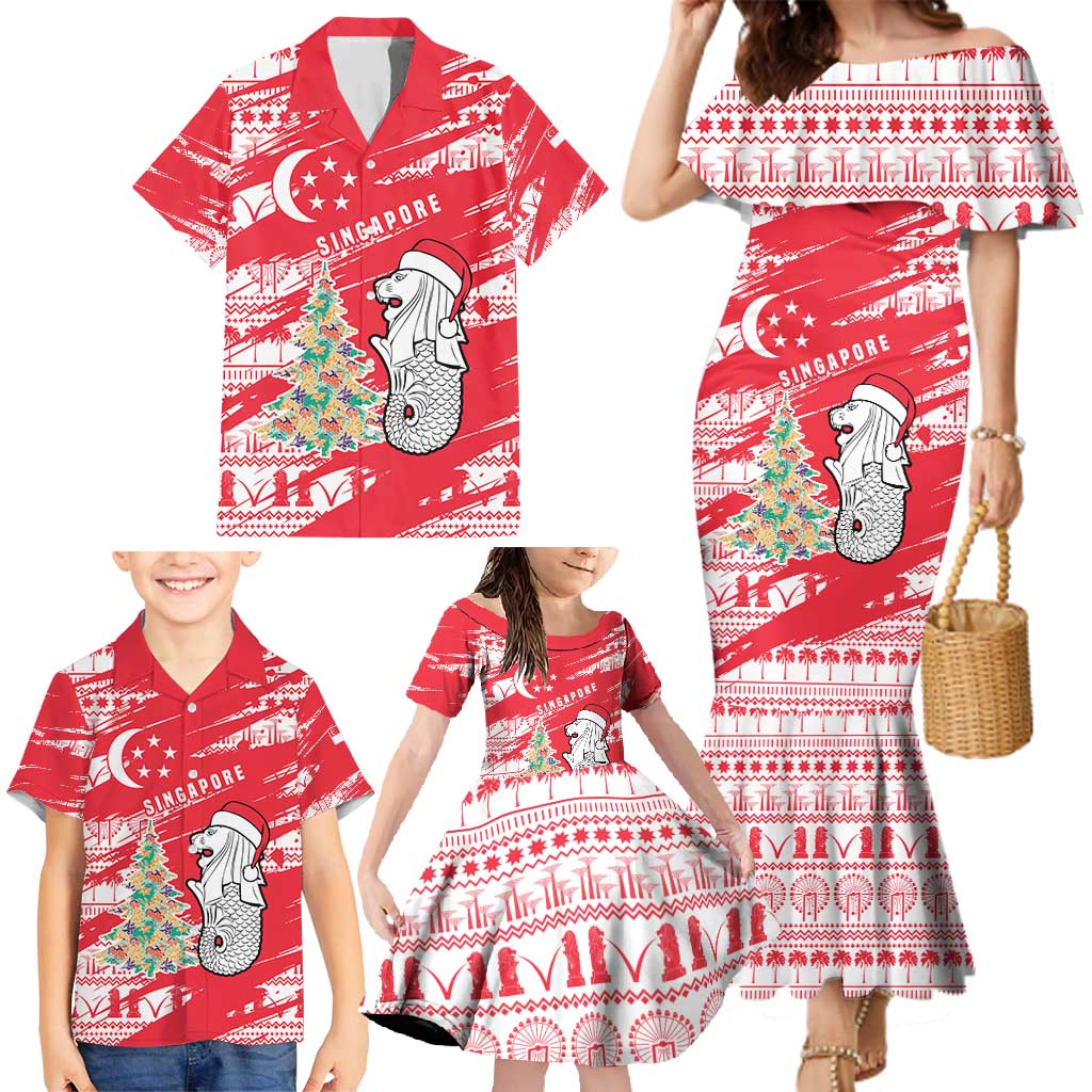 Singapore Christmas Family Matching Mermaid Dress and Hawaiian Shirt with Merlion Santa Hat Batik Christmas Tree and City Skyline Design - Wonder Print Shop