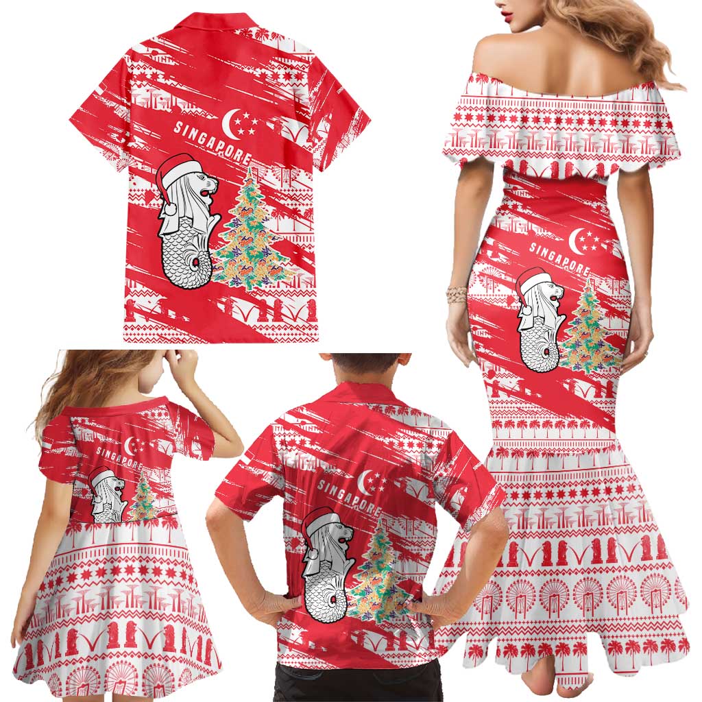 Singapore Christmas Family Matching Mermaid Dress and Hawaiian Shirt with Merlion Santa Hat Batik Christmas Tree and City Skyline Design - Wonder Print Shop