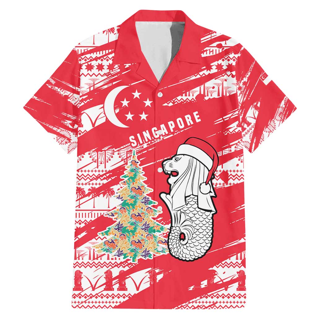 Singapore Christmas Family Matching Mermaid Dress and Hawaiian Shirt with Merlion Santa Hat Batik Christmas Tree and City Skyline Design - Wonder Print Shop