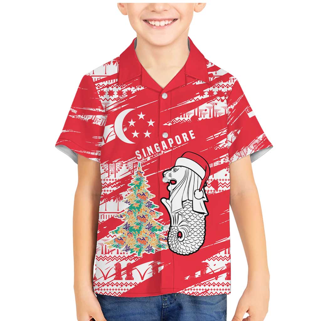 Singapore Christmas Family Matching Mermaid Dress and Hawaiian Shirt with Merlion Santa Hat Batik Christmas Tree and City Skyline Design - Wonder Print Shop