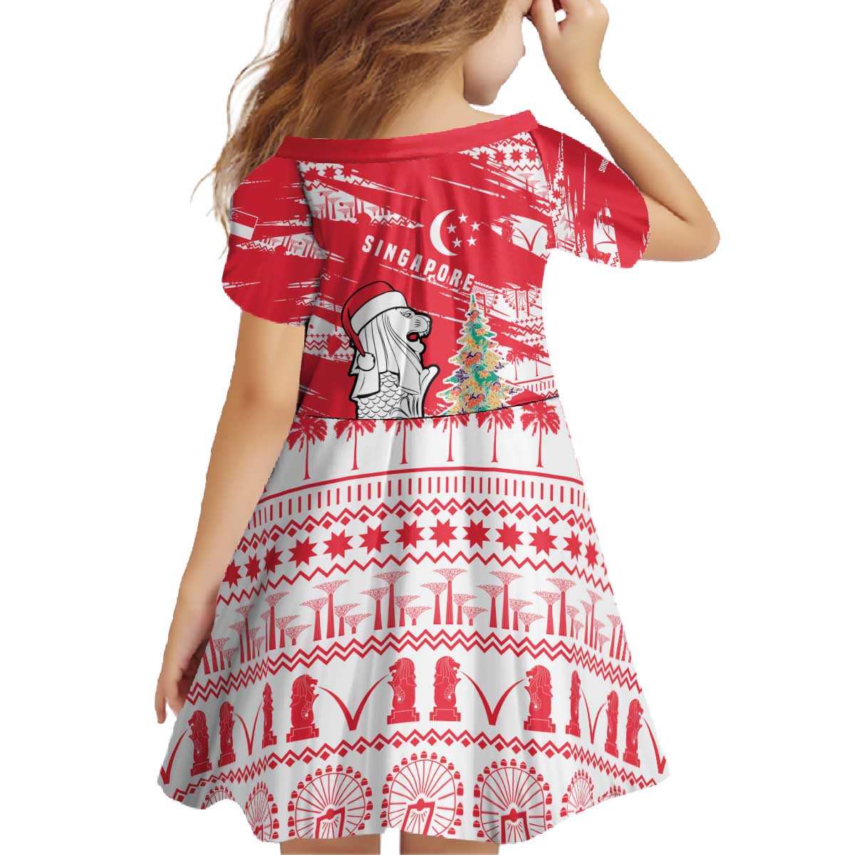 Singapore Christmas Family Matching Off The Shoulder Long Sleeve Dress and Hawaiian Shirt with Merlion Santa Hat Batik Christmas Tree and City Skyline Design - Wonder Print Shop