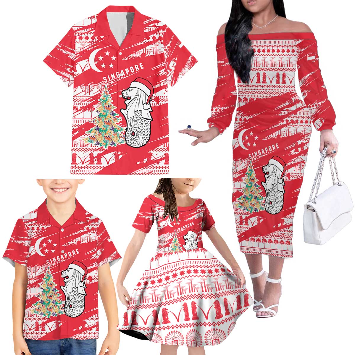 Singapore Christmas Family Matching Off The Shoulder Long Sleeve Dress and Hawaiian Shirt with Merlion Santa Hat Batik Christmas Tree and City Skyline Design - Wonder Print Shop