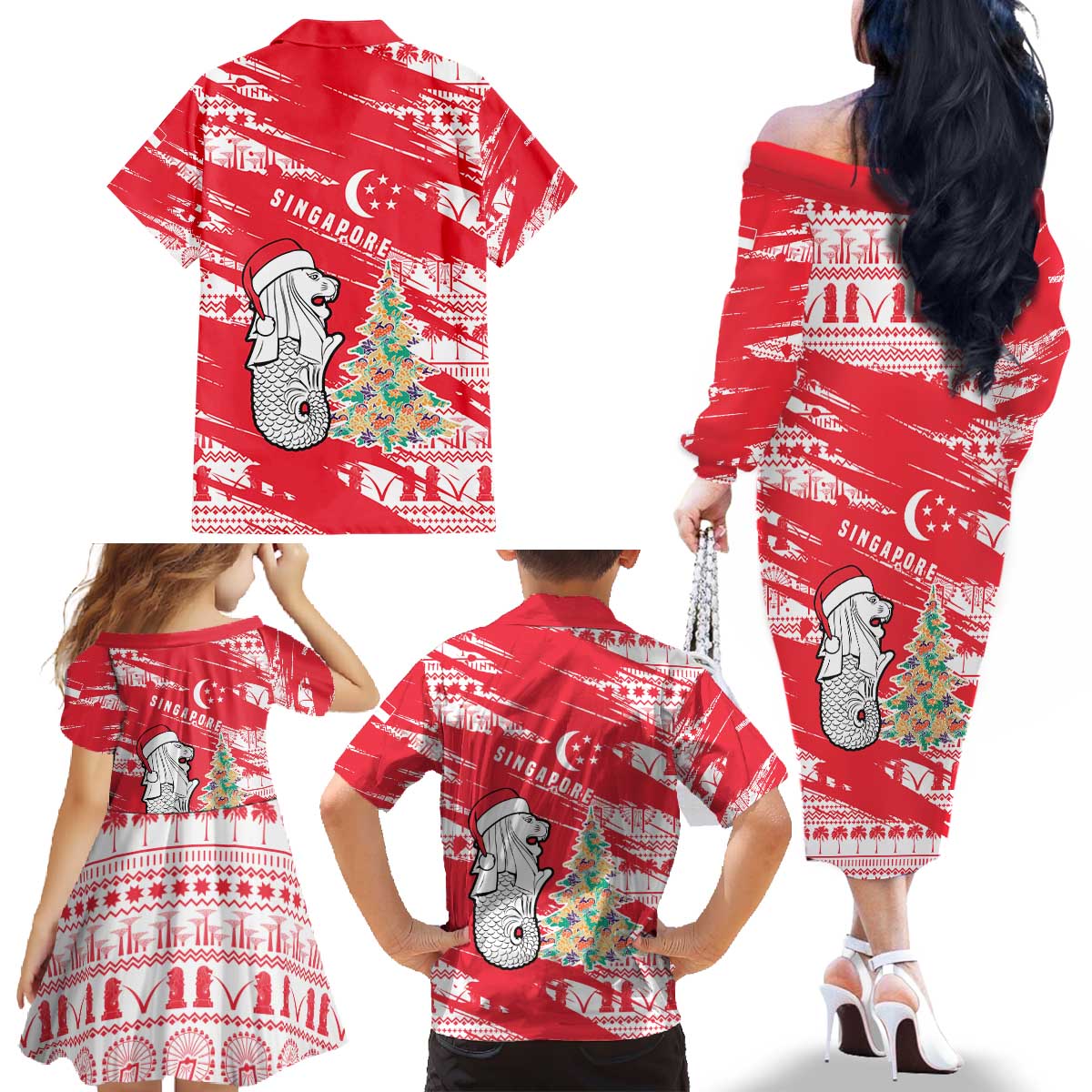 Singapore Christmas Family Matching Off The Shoulder Long Sleeve Dress and Hawaiian Shirt with Merlion Santa Hat Batik Christmas Tree and City Skyline Design - Wonder Print Shop