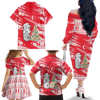 Singapore Christmas Family Matching Off The Shoulder Long Sleeve Dress and Hawaiian Shirt with Merlion Santa Hat Batik Christmas Tree and City Skyline Design - Wonder Print Shop