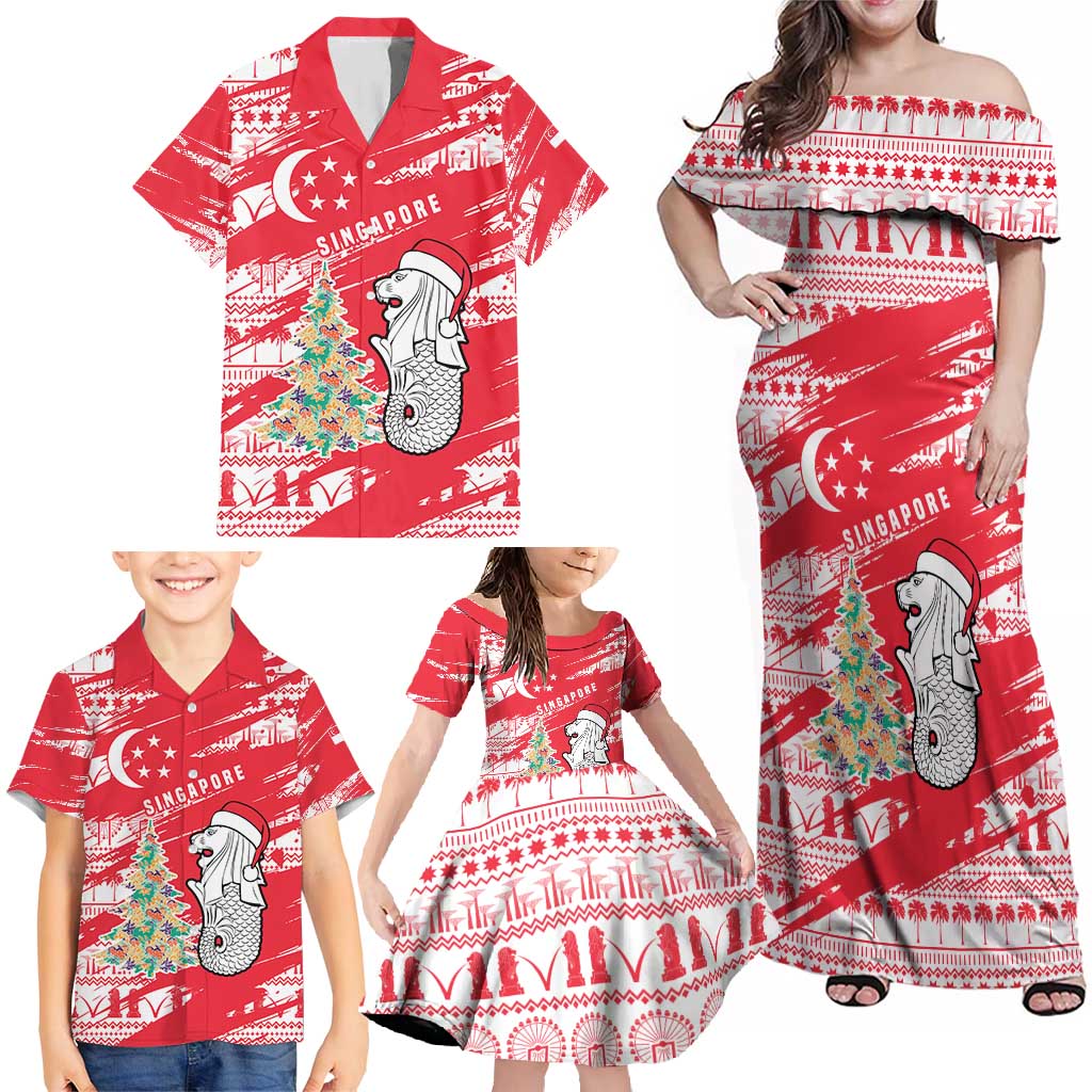 Singapore Christmas Family Matching Off Shoulder Maxi Dress and Hawaiian Shirt with Merlion Santa Hat Batik Christmas Tree and City Skyline Design - Wonder Print Shop