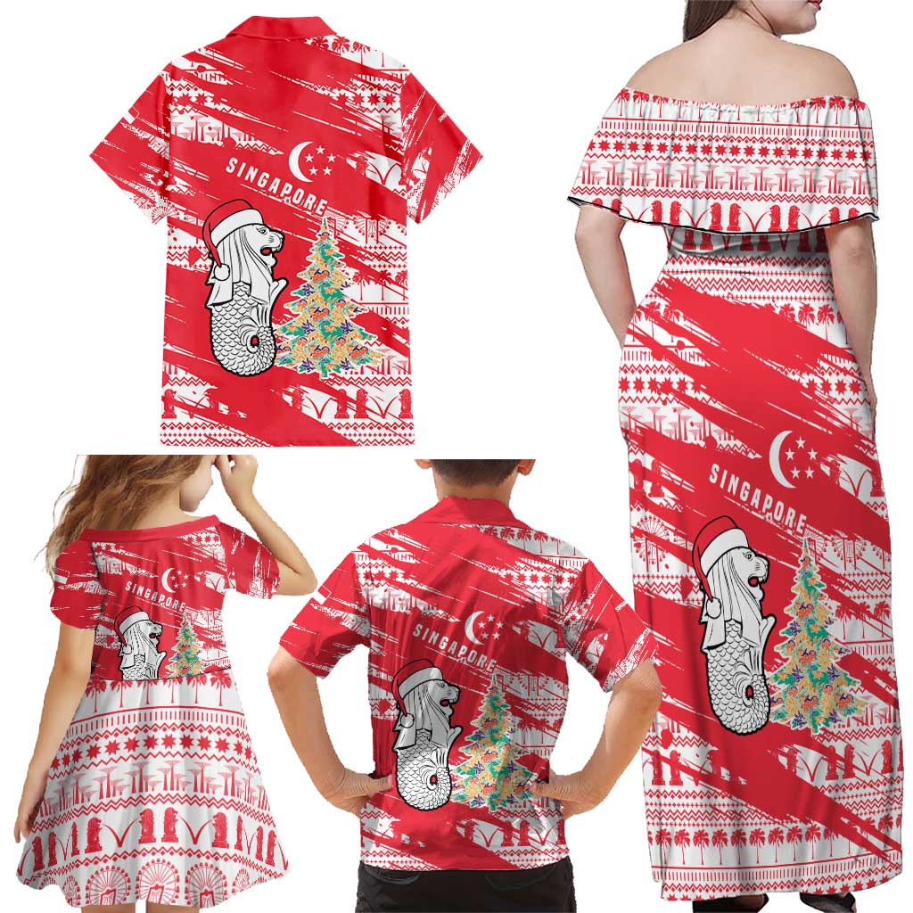 Singapore Christmas Family Matching Off Shoulder Maxi Dress and Hawaiian Shirt with Merlion Santa Hat Batik Christmas Tree and City Skyline Design - Wonder Print Shop