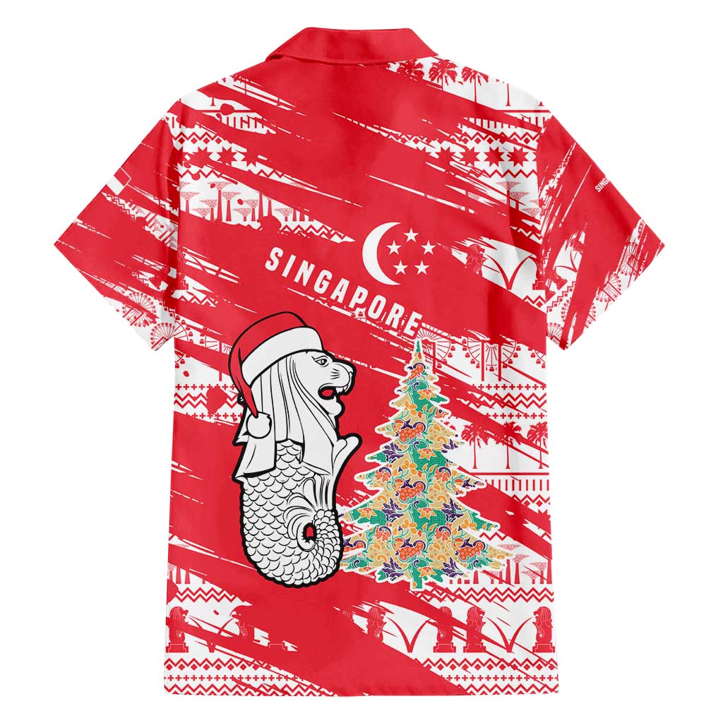 Singapore Christmas Family Matching Off Shoulder Maxi Dress and Hawaiian Shirt with Merlion Santa Hat Batik Christmas Tree and City Skyline Design - Wonder Print Shop