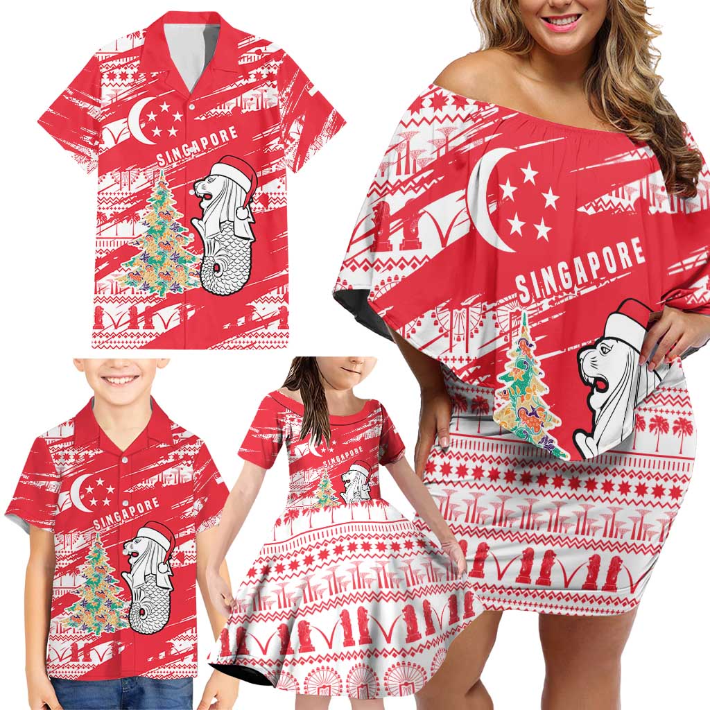 Singapore Christmas Family Matching Off Shoulder Short Dress and Hawaiian Shirt with Merlion Santa Hat Batik Christmas Tree and City Skyline Design - Wonder Print Shop