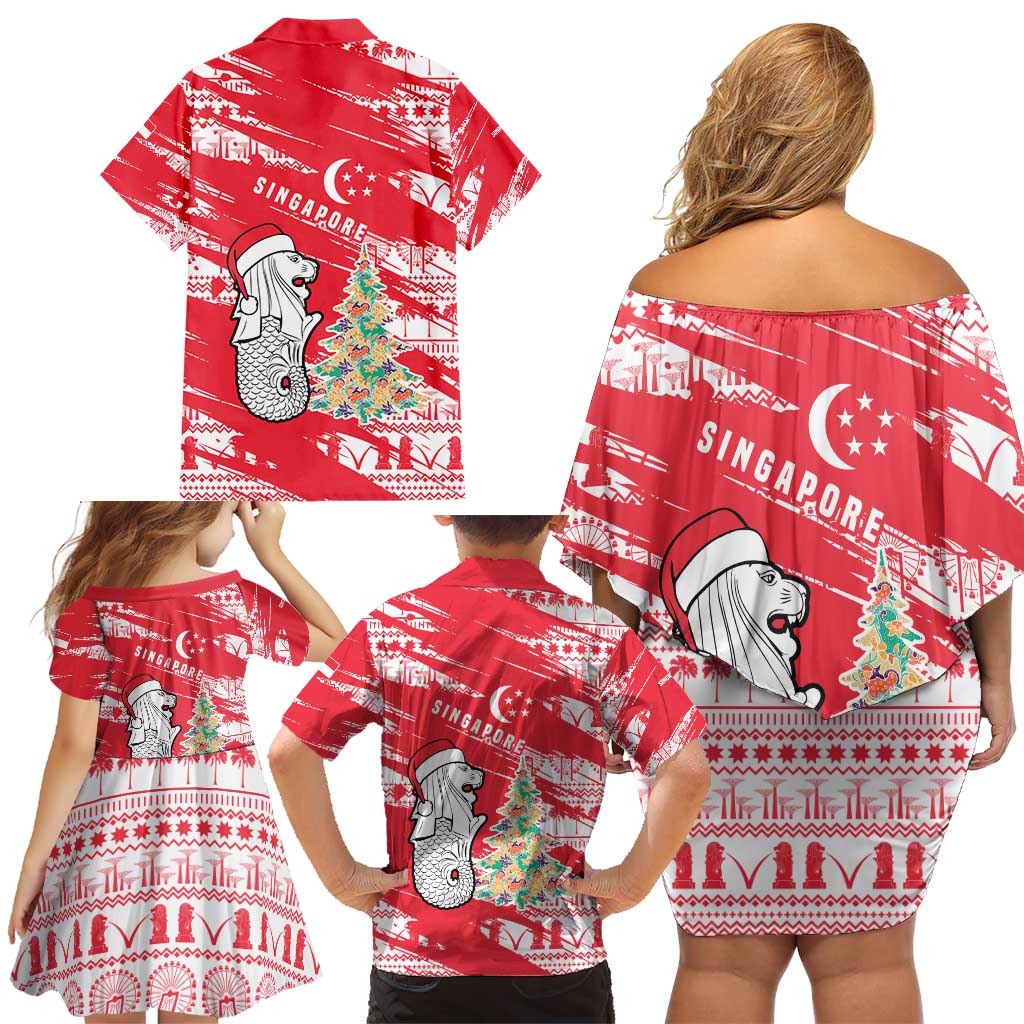 Singapore Christmas Family Matching Off Shoulder Short Dress and Hawaiian Shirt with Merlion Santa Hat Batik Christmas Tree and City Skyline Design - Wonder Print Shop
