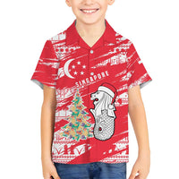 Singapore Christmas Family Matching Off Shoulder Short Dress and Hawaiian Shirt with Merlion Santa Hat Batik Christmas Tree and City Skyline Design - Wonder Print Shop