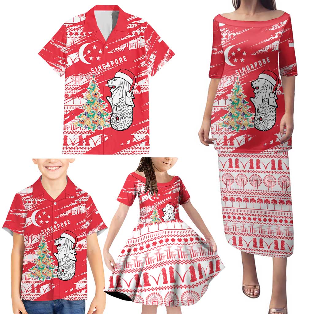 Singapore Christmas Family Matching Puletasi and Hawaiian Shirt with Merlion Santa Hat Batik Christmas Tree and City Skyline Design - Wonder Print Shop