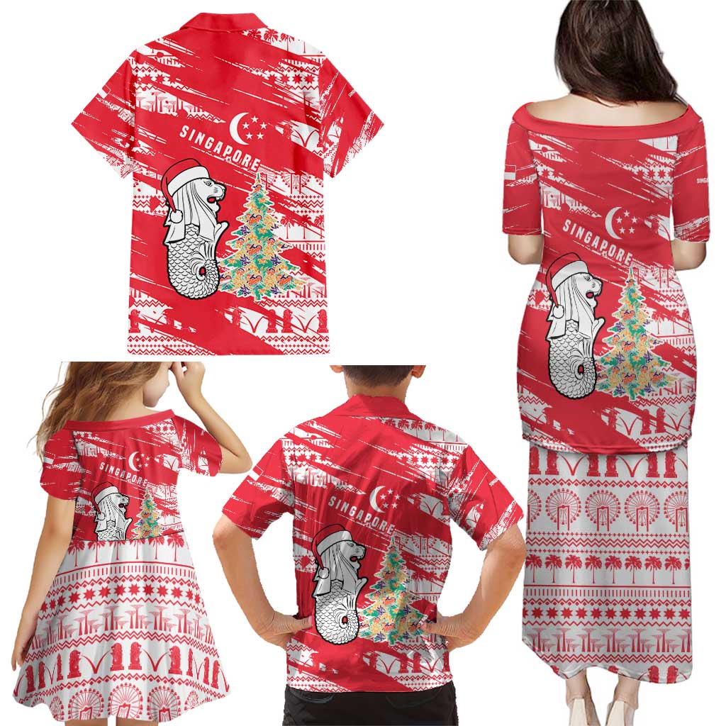 Singapore Christmas Family Matching Puletasi and Hawaiian Shirt with Merlion Santa Hat Batik Christmas Tree and City Skyline Design - Wonder Print Shop
