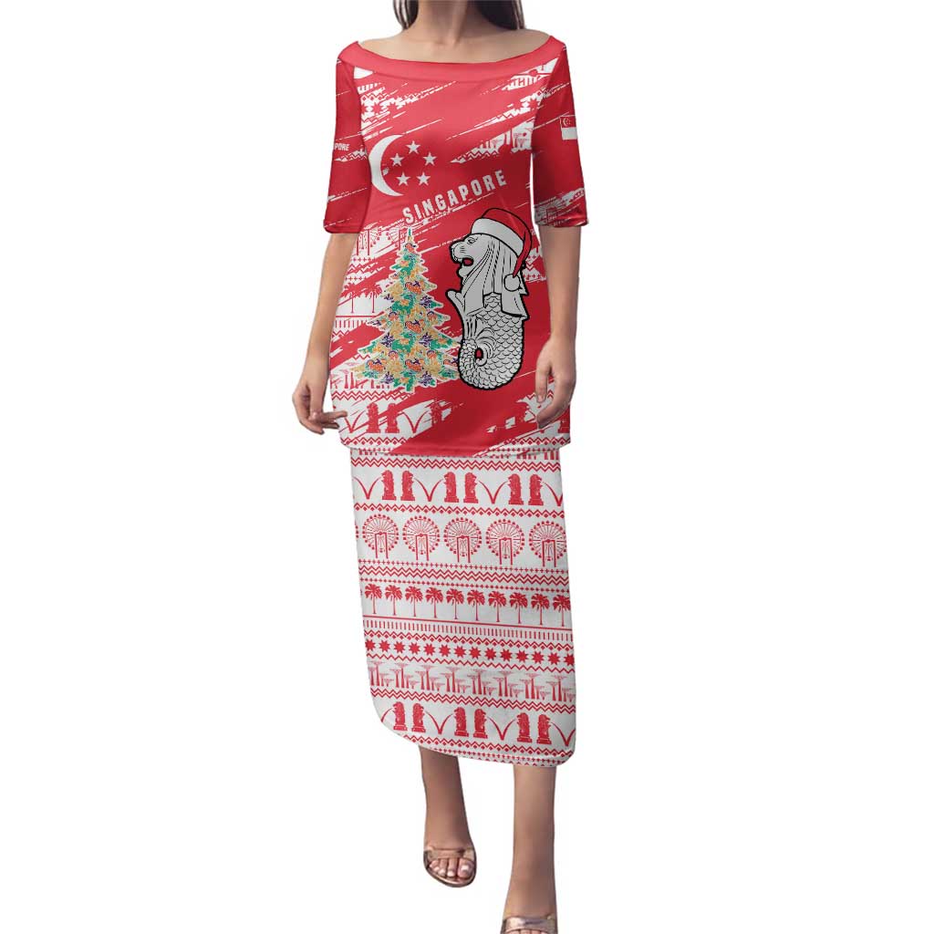 Singapore Christmas Family Matching Puletasi and Hawaiian Shirt with Merlion Santa Hat Batik Christmas Tree and City Skyline Design - Wonder Print Shop