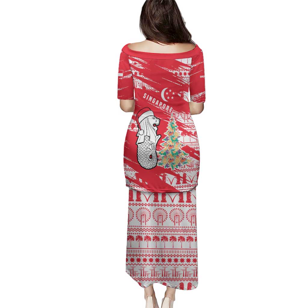Singapore Christmas Family Matching Puletasi and Hawaiian Shirt with Merlion Santa Hat Batik Christmas Tree and City Skyline Design - Wonder Print Shop