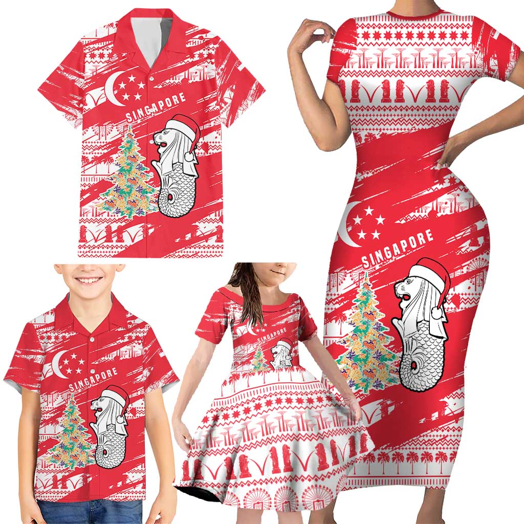 Singapore Christmas Family Matching Short Sleeve Bodycon Dress and Hawaiian Shirt with Merlion Santa Hat Batik Christmas Tree and City Skyline Design - Wonder Print Shop