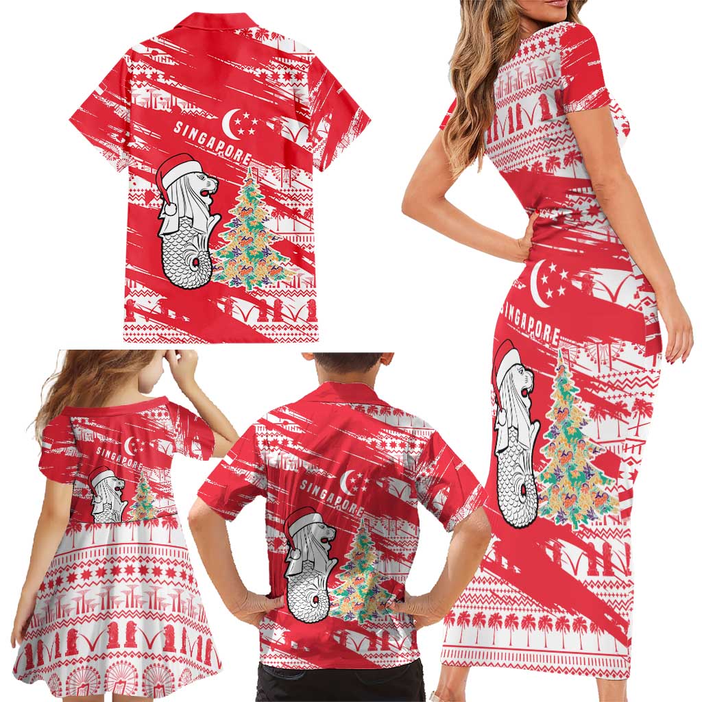 Singapore Christmas Family Matching Short Sleeve Bodycon Dress and Hawaiian Shirt with Merlion Santa Hat Batik Christmas Tree and City Skyline Design - Wonder Print Shop