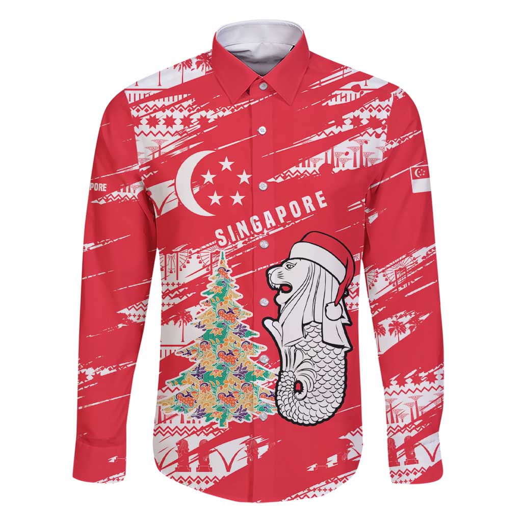 Singapore Christmas Family Matching Short Sleeve Bodycon Dress and Hawaiian Shirt with Merlion Santa Hat Batik Christmas Tree and City Skyline Design - Wonder Print Shop