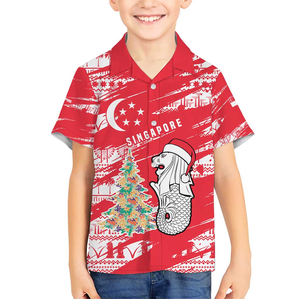 Singapore Christmas Family Matching Short Sleeve Bodycon Dress and Hawaiian Shirt with Merlion Santa Hat Batik Christmas Tree and City Skyline Design - Wonder Print Shop