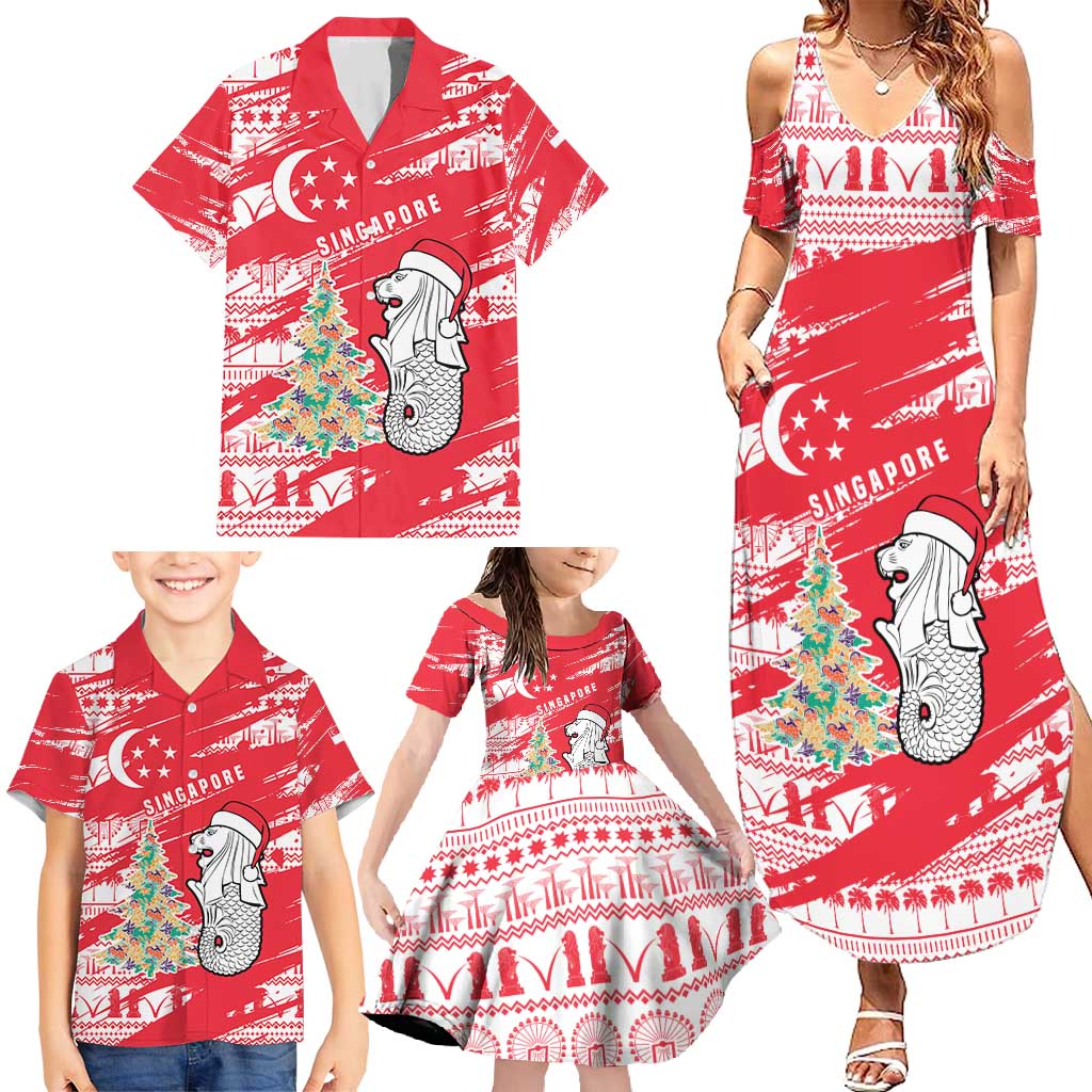 Singapore Christmas Family Matching Summer Maxi Dress and Hawaiian Shirt with Merlion Santa Hat Batik Christmas Tree and City Skyline Design - Wonder Print Shop