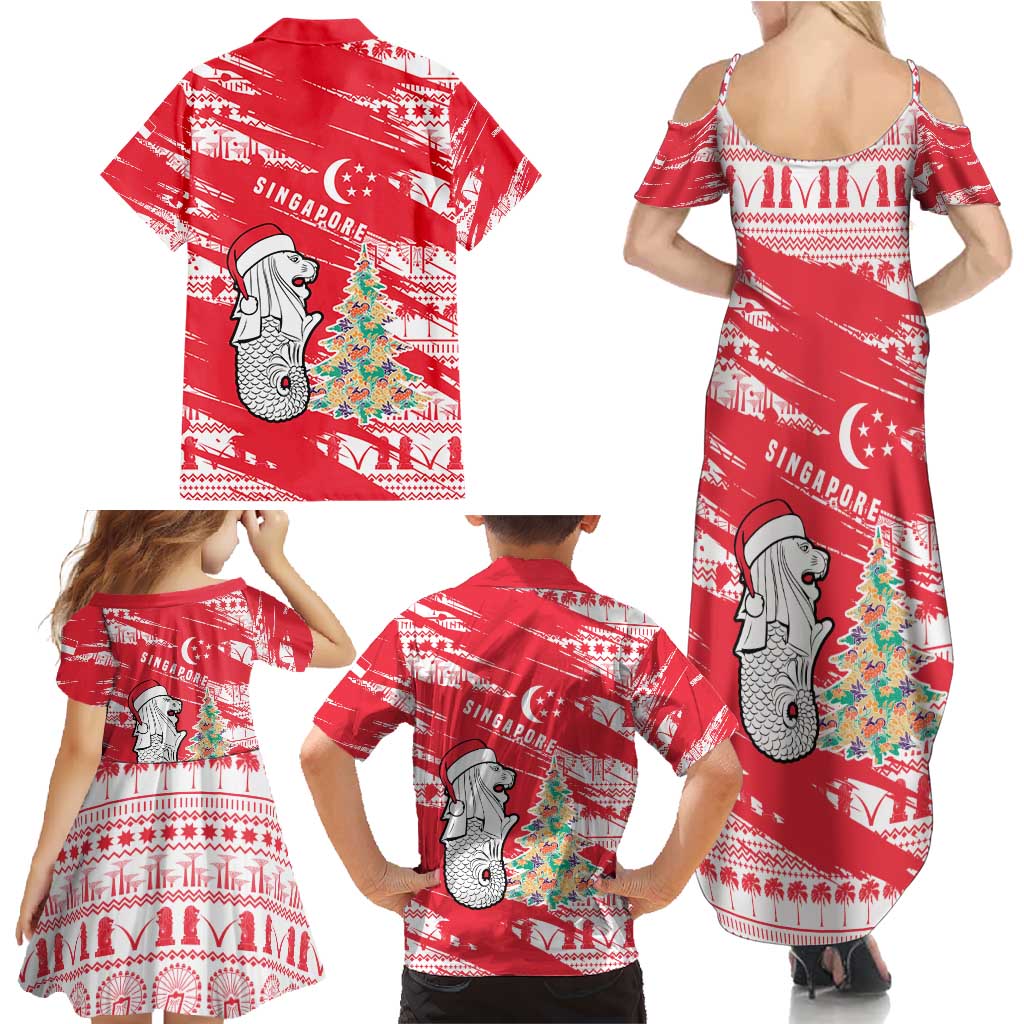 Singapore Christmas Family Matching Summer Maxi Dress and Hawaiian Shirt with Merlion Santa Hat Batik Christmas Tree and City Skyline Design - Wonder Print Shop