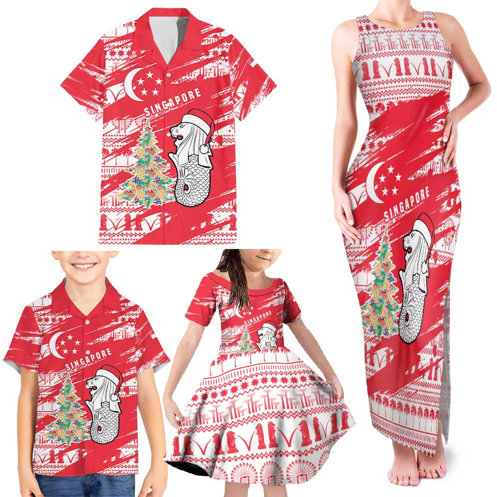 Singapore Christmas Family Matching Tank Maxi Dress and Hawaiian Shirt with Merlion Santa Hat Batik Christmas Tree and City Skyline Design - Wonder Print Shop
