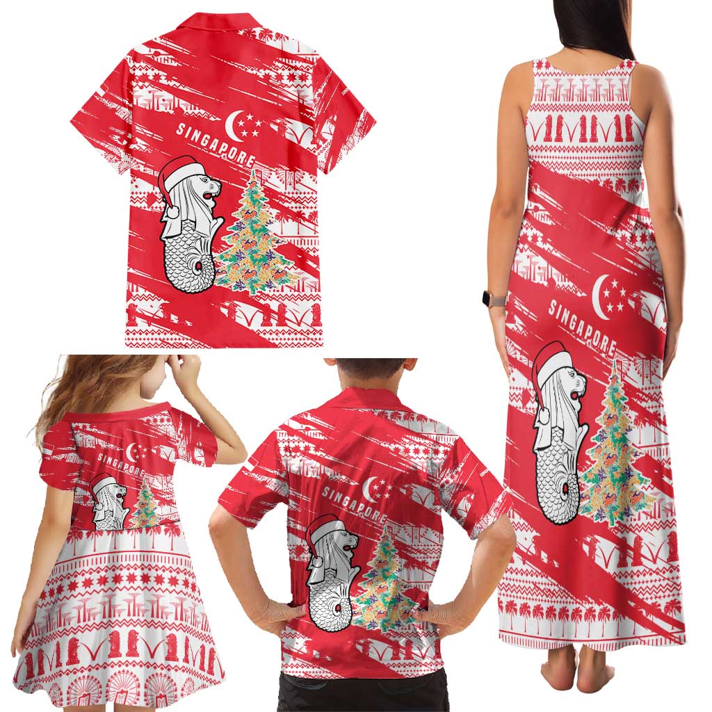 Singapore Christmas Family Matching Tank Maxi Dress and Hawaiian Shirt with Merlion Santa Hat Batik Christmas Tree and City Skyline Design - Wonder Print Shop