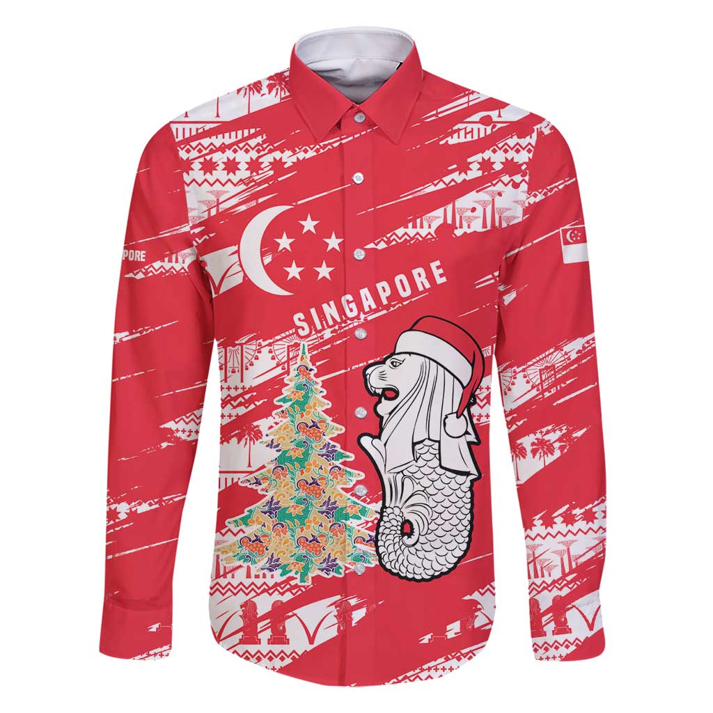 Singapore Christmas Family Matching Tank Maxi Dress and Hawaiian Shirt with Merlion Santa Hat Batik Christmas Tree and City Skyline Design - Wonder Print Shop