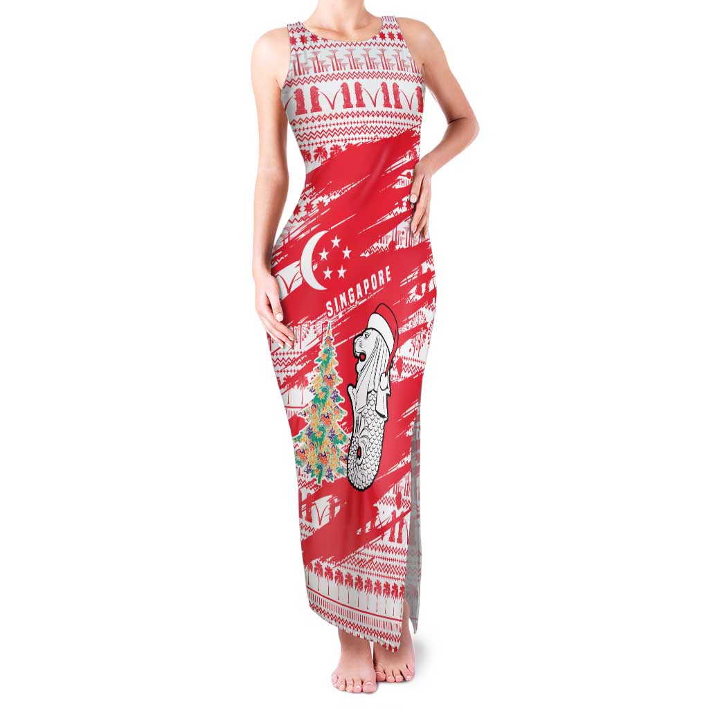 Singapore Christmas Family Matching Tank Maxi Dress and Hawaiian Shirt with Merlion Santa Hat Batik Christmas Tree and City Skyline Design - Wonder Print Shop