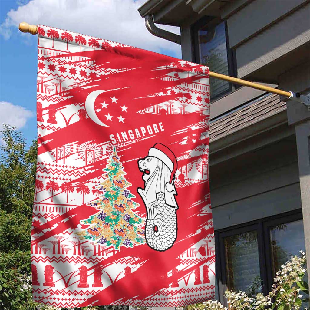 Singapore Christmas Garden Flag with Merlion Santa Hat Batik Christmas Tree and City Skyline Design - Wonder Print Shop