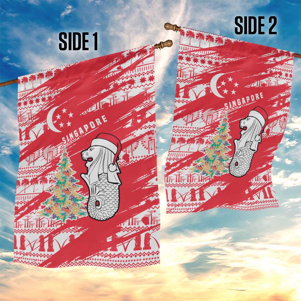 Singapore Christmas Garden Flag with Merlion Santa Hat Batik Christmas Tree and City Skyline Design - Wonder Print Shop