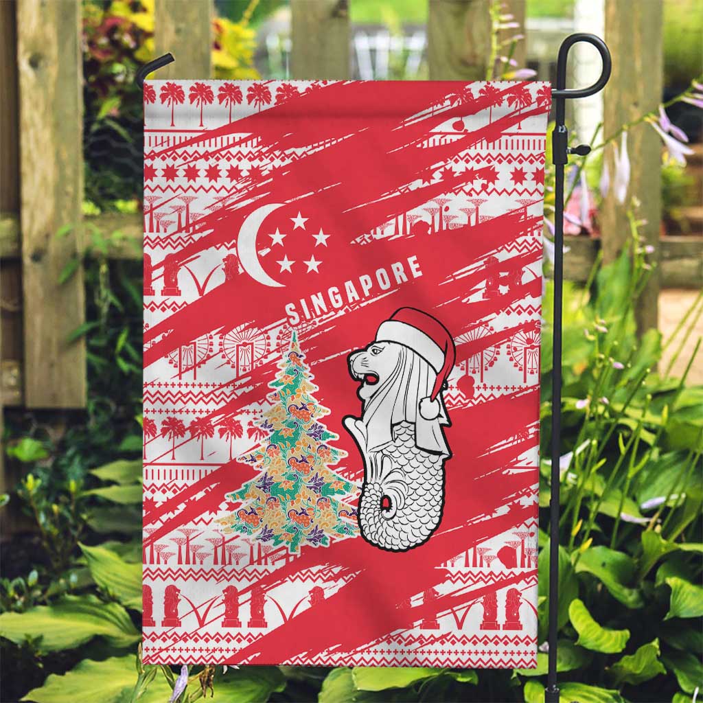 Singapore Christmas Garden Flag with Merlion Santa Hat Batik Christmas Tree and City Skyline Design - Wonder Print Shop
