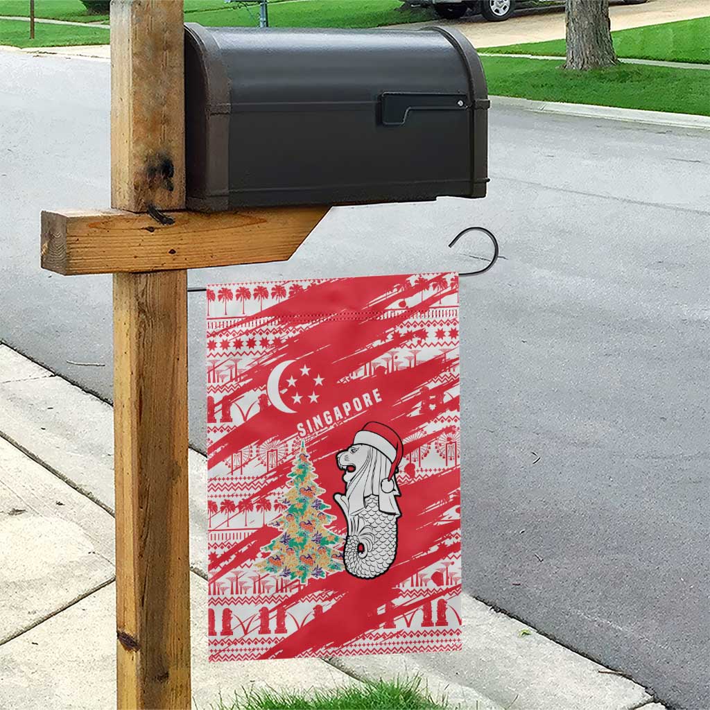 Singapore Christmas Garden Flag with Merlion Santa Hat Batik Christmas Tree and City Skyline Design - Wonder Print Shop