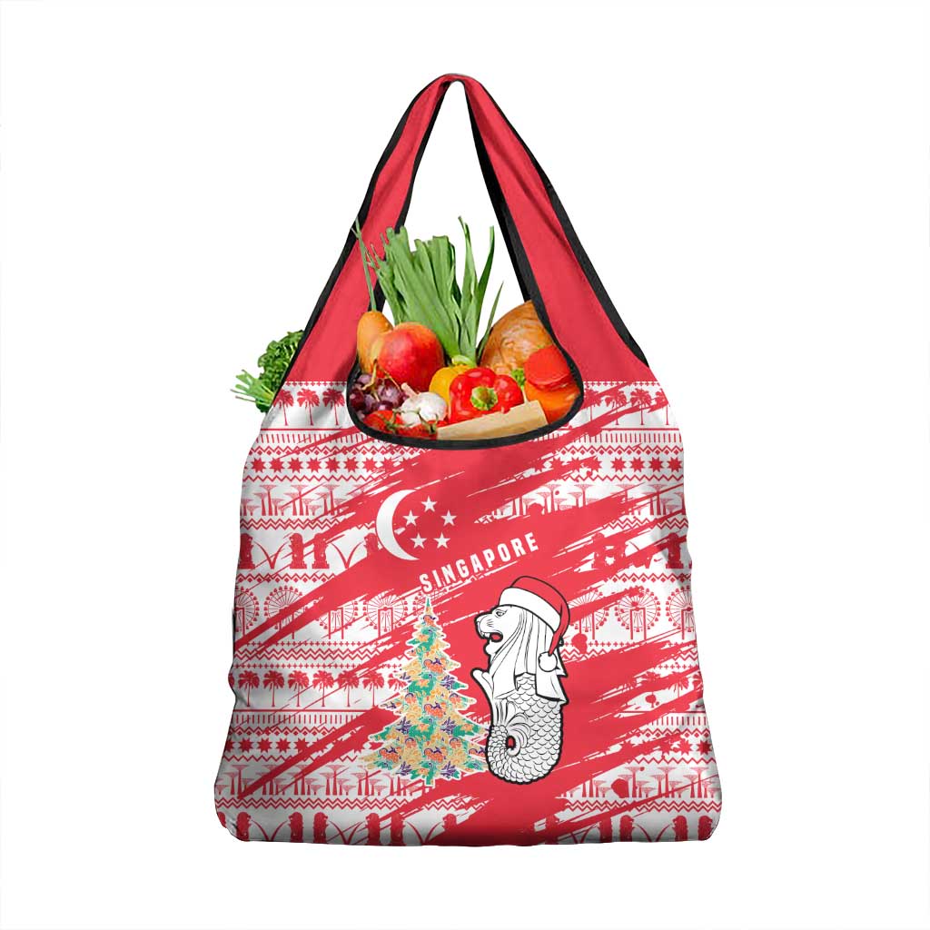 Singapore Christmas Grocery Bag with Merlion Santa Hat Batik Christmas Tree and City Skyline Design - Wonder Print Shop