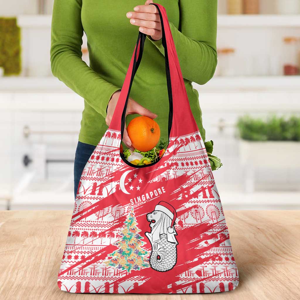 Singapore Christmas Grocery Bag with Merlion Santa Hat Batik Christmas Tree and City Skyline Design - Wonder Print Shop