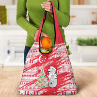 Singapore Christmas Grocery Bag with Merlion Santa Hat Batik Christmas Tree and City Skyline Design - Wonder Print Shop