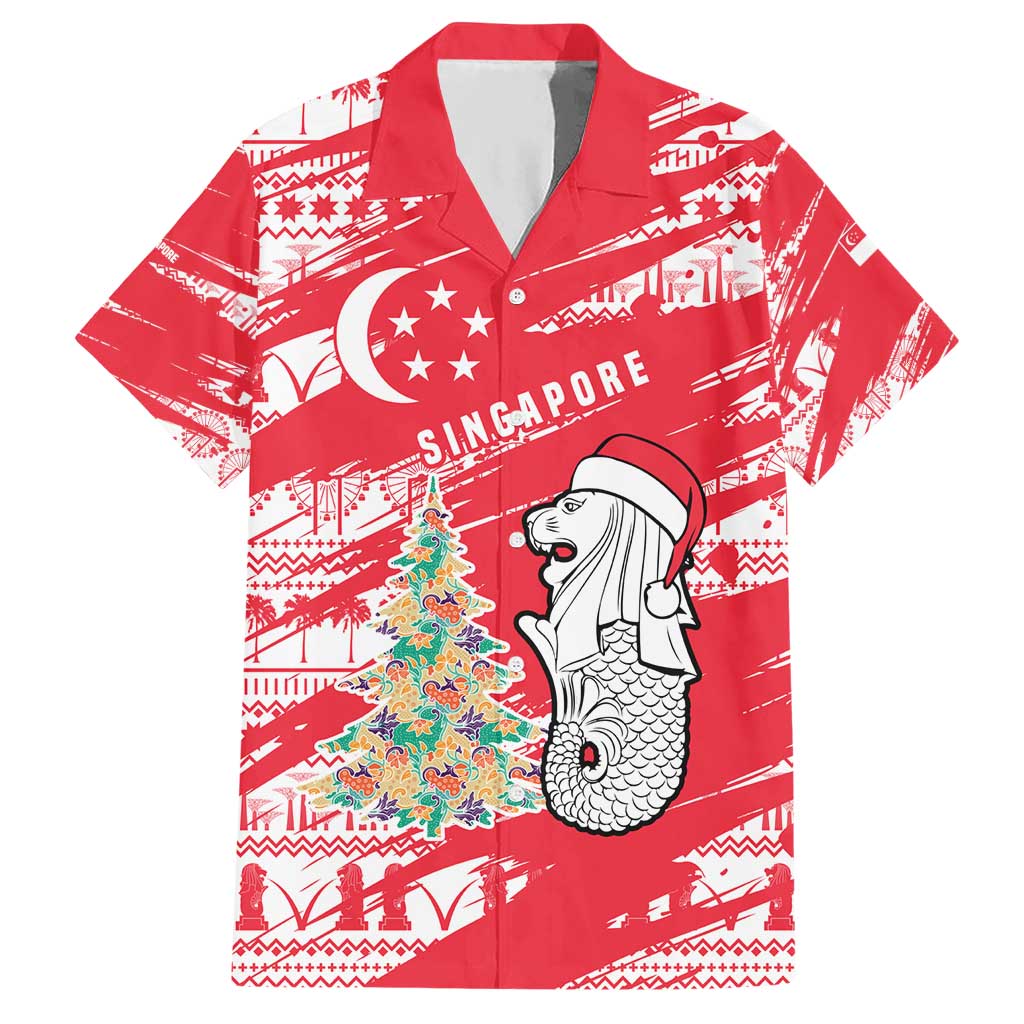 Singapore Christmas Hawaiian Shirt with Merlion Santa Hat Batik Christmas Tree and City Skyline Design - Wonder Print Shop