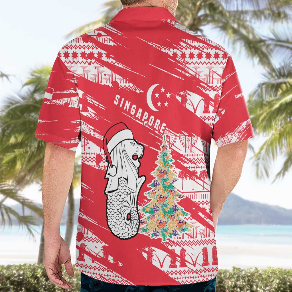 Singapore Christmas Hawaiian Shirt with Merlion Santa Hat Batik Christmas Tree and City Skyline Design - Wonder Print Shop