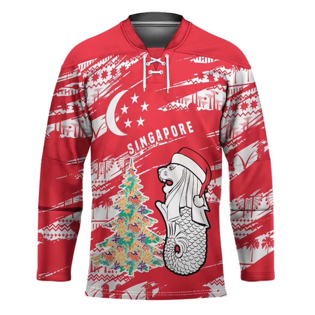 Singapore Christmas Hockey Jersey with Merlion Santa Hat Batik Christmas Tree and City Skyline Design - Wonder Print Shop