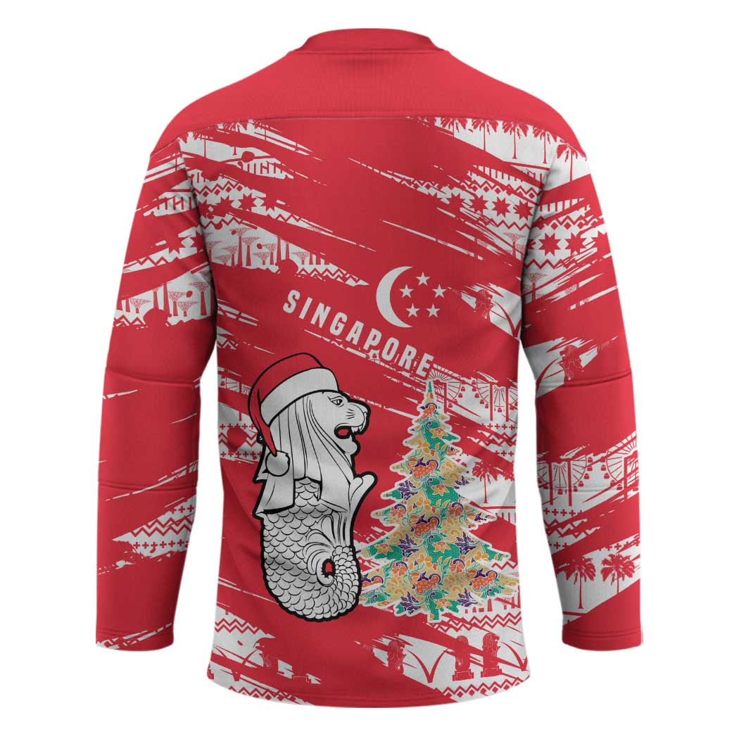 Singapore Christmas Hockey Jersey with Merlion Santa Hat Batik Christmas Tree and City Skyline Design - Wonder Print Shop
