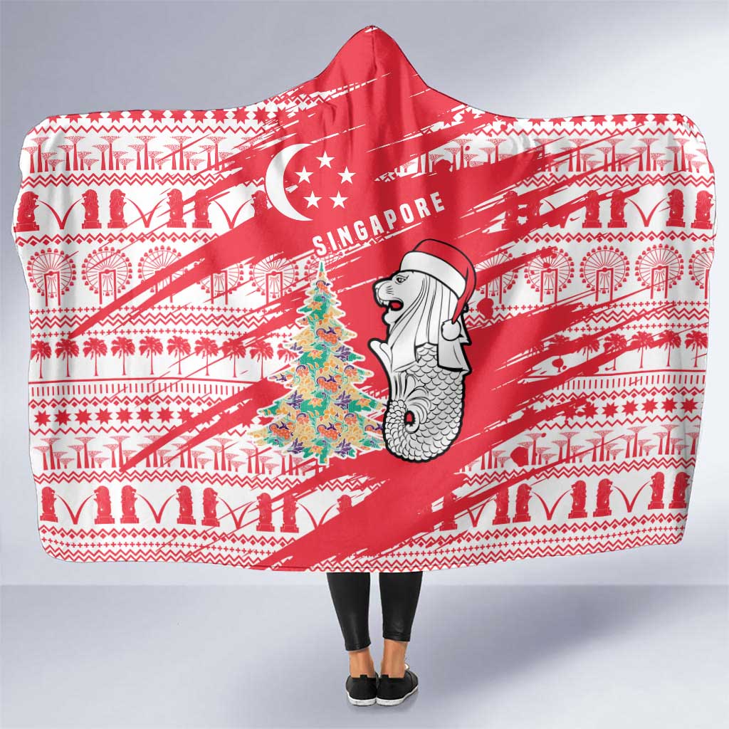 Singapore Christmas Hooded Blanket with Merlion Santa Hat Batik Christmas Tree and City Skyline Design - Wonder Print Shop