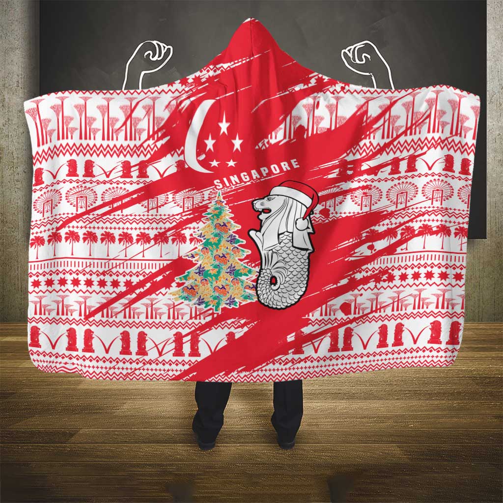 Singapore Christmas Hooded Blanket with Merlion Santa Hat Batik Christmas Tree and City Skyline Design - Wonder Print Shop
