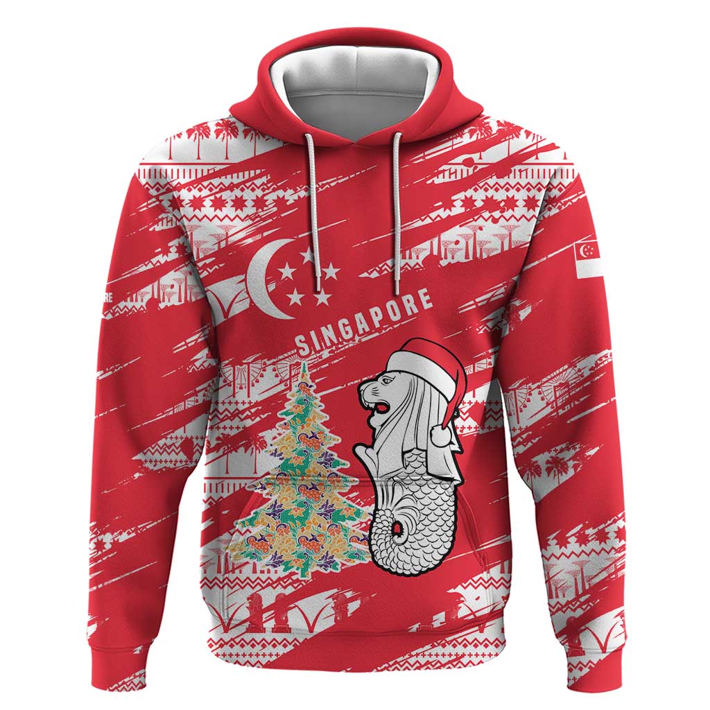 Singapore Christmas Hoodie with Merlion Santa Hat Batik Christmas Tree and City Skyline Design - Wonder Print Shop