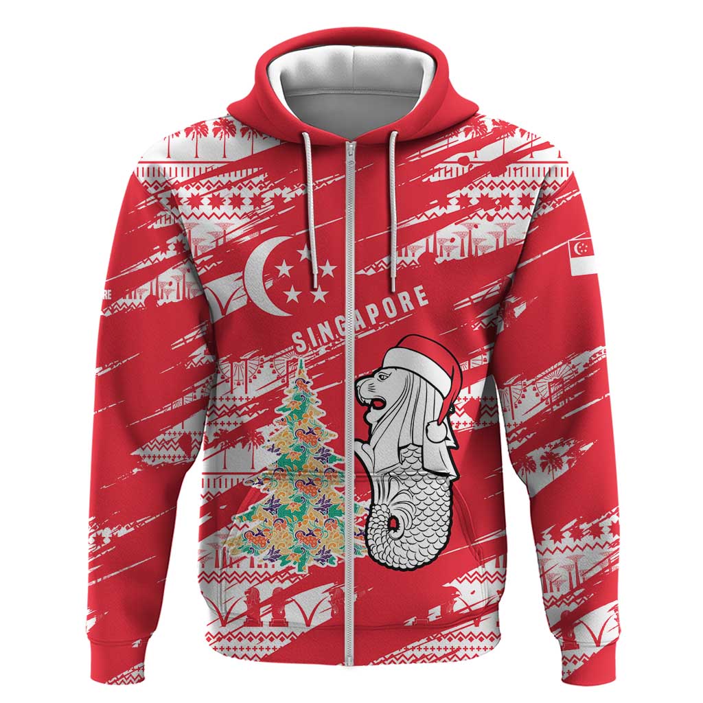 Singapore Christmas Hoodie with Merlion Santa Hat Batik Christmas Tree and City Skyline Design - Wonder Print Shop