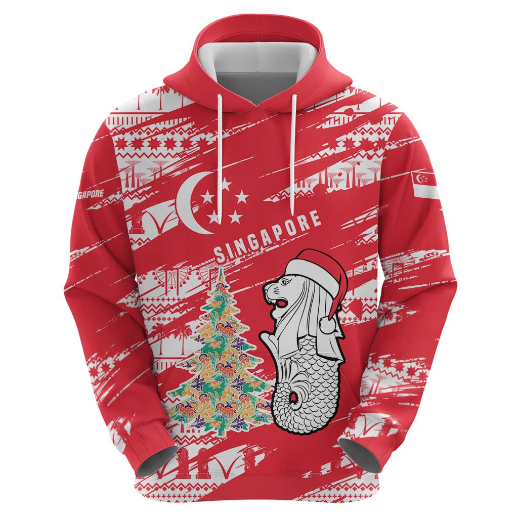 Singapore Christmas Hoodie with Merlion Santa Hat Batik Christmas Tree and City Skyline Design - Wonder Print Shop